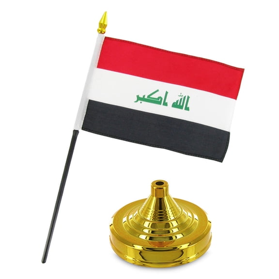 Iraq 4"x6" Flag Desk Set Table Stick Gold Base