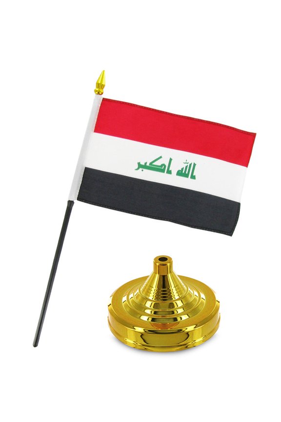 Iraq 4"x6" Flag Desk Set Table Stick Gold Base