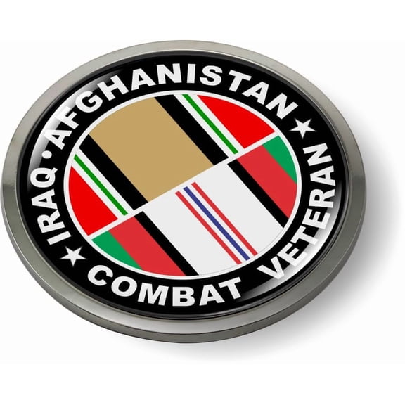 Iraq Afghanistan Combat Veteran with Ribbons Design - 3D Domed CAR Emblem Badge Sticker Chrome Metal Round Bezel