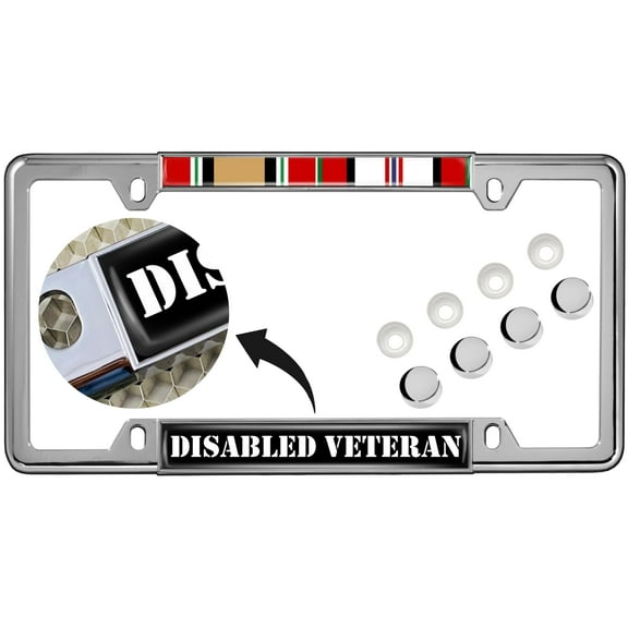 Iraq Afghanistan Disabled Veteran - Domed Custom-Made Personalized Narrow (Thin) Top 4 Hole Metal Car License Plate Frame with Free caps - Chrome Frame (Qty: 1)
