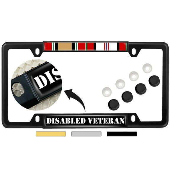 Iraq Afghanistan Disabled Veteran - Domed Custom-Made Personalized Narrow (Thin) Top 4 Hole Metal Car License Plate Frame with Free caps - Black Frame (Qty: 1)