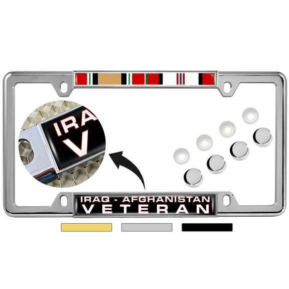 Iraq Afghanistan Veteran with Ribbons Design - Domed Custom-Made Personalized Narrow (Thin) Top 4 Hole Metal Car License Plate Frame with Free caps - Chrome Frame (Qty: 1)
