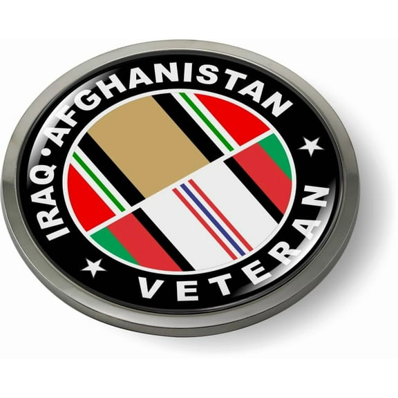Iraq Afghanistan Veteran with Ribbons Design - 3D Domed CAR Emblem Badge Sticker Chrome Plastic Round Bezel