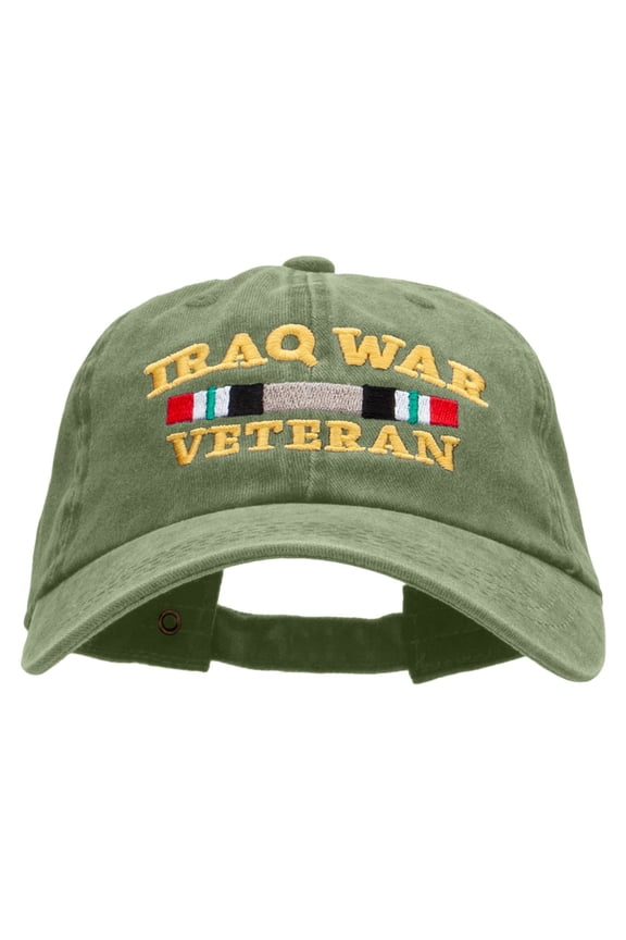 Iraq Veteran Ribbon Embroidered Washed Cotton Brass Buckle Cap - Olive OSFM