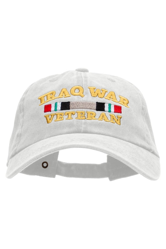 Iraq Veteran Ribbon Embroidered Washed Cotton Brass Buckle Cap - White OSFM