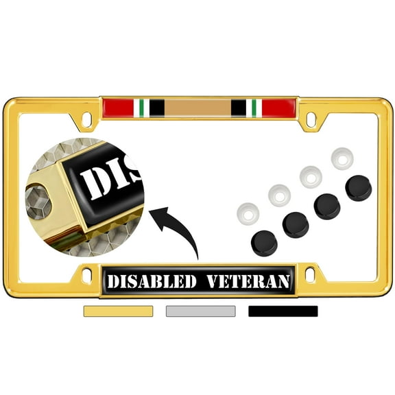 Iraq War Disabled Veteran - Domed Custom-Made Personalized Narrow (Thin) Top 4 Hole Metal Car License Plate Frame with Free caps - Gold Frame (Qty: 1)