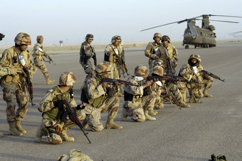 Iraqi army soldiers rehearsing for an air assault operation from Forward Operating Base Remagen Iraq Canvas Art - Stocktrek Images (34 x 23)