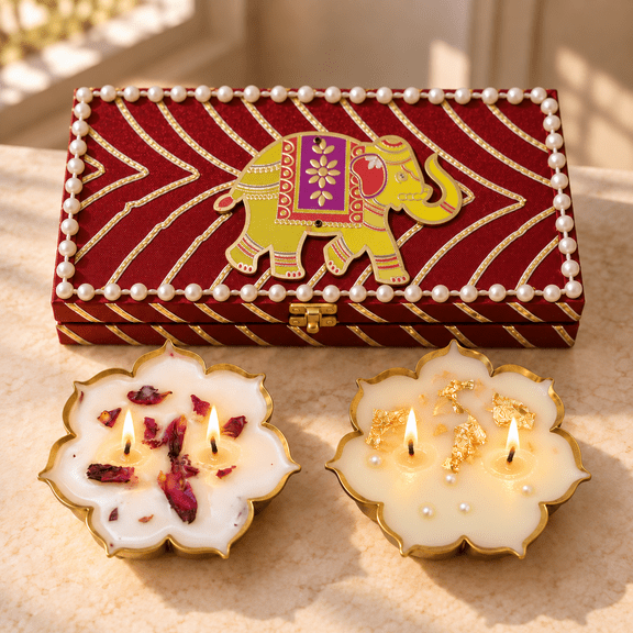 Iravat Diwali Lotus Urli Candles Gift Set Rose & Mogra Fragrance Candles in Elephant Design Gift Box | Handmade Diwali Gifting