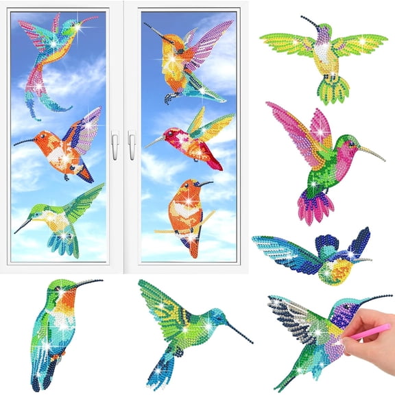 Ireer 12 Pcs Hummingbird Diamond Painting Hummingbird Stained Glass Window Clings Diamond Painting Kits Window Stickers DIY Art Accessories for Crafts Home Wall Decoration