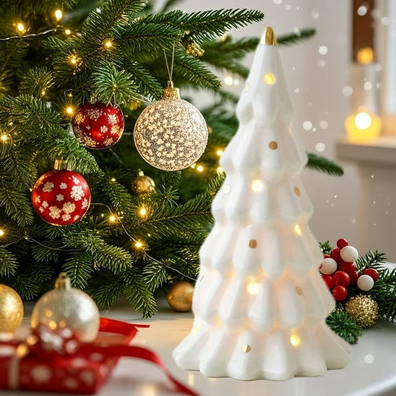 Ireezec Ceramic Christmas Tree with LED Lights Miniature Decor for Tabletop Desktop Indoor Festive Party Gift Decoration
