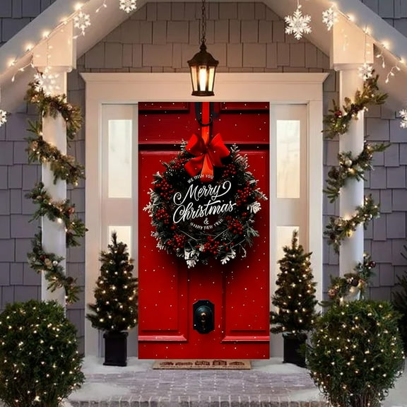 Ireezec Christmas Wreath Door Cover Decoration, Festive Holiday Banner for Front Door Hanging, Merry Xmas Party Decor with Snowflake Design, Indoor Outdoor Use for Home Office Seasonal Celebration