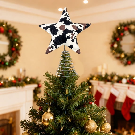 Ireezec Cow Print Star Tree Topper Christmas Decoration for Party Festive Ornament Metal Rustic Farmhou Decor
