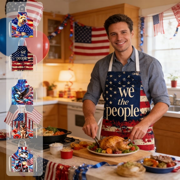 Ireezec Patriotic Aprons 4th of July Chef Cooking Apron Bald Eagle American Flag Adjustable Washable Apron Independence Day Kitchen Collection for Dinner Baking BBQ Grilling Supplies