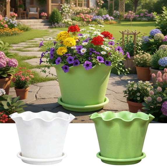 Ireezec Ruffled Plastic Flower Pot with Wave Edge, Lily Style Decorative Planter for Indoor Outdoor Plants, Lightweight Container with Matching Tray, 7.87x5.71inch