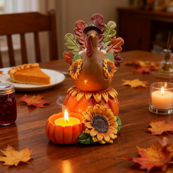 Ireezec Thanksgiving Turkey Candle Holder Resin Centerpiece for Holiday Table Decor, Autumn Harvest Party Supplies, Festive Home Kitchen Desktop Mantel Decoration