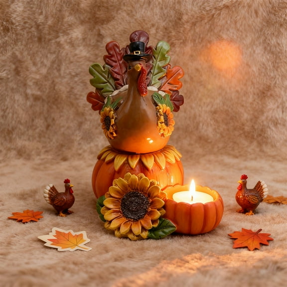 Ireezec Thanksgiving Turkey Candle Holder Resin Centerpiece for Holiday Table Decor, Autumn Harvest Party Supplies, Festive Home Kitchen Desktop Mantel Decoration