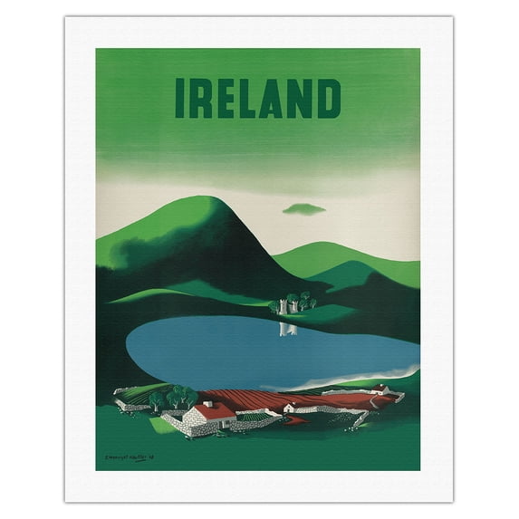 Ireland - Castle - Killarney Park - Vintage Airline Travel Poster by Edward McKnight Kauffer c.1948 - Fine Art Rolled Canvas Print 20in x 26in