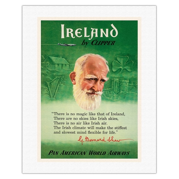 Ireland by Clipper - Pan American World Airways - George Bernard Shaw - Vintage Airline Travel Poster c.1950s - Fine Art Rolled Canvas Print 20in x 26in