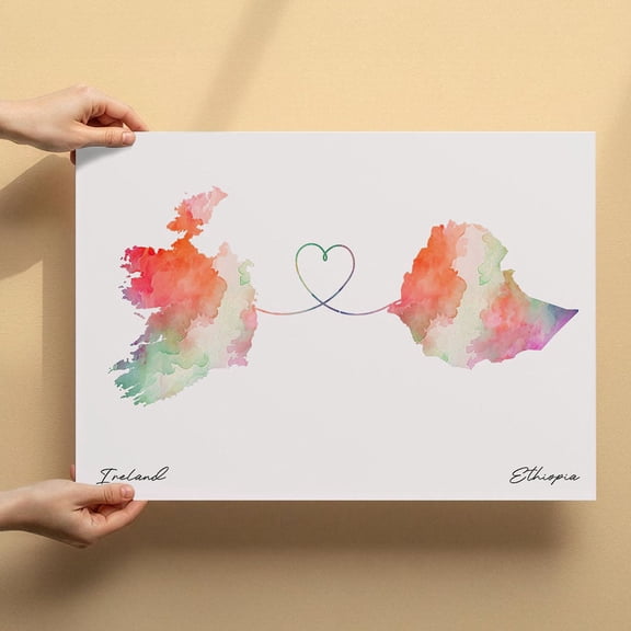 Ireland Ethiopia Map Canvas Wall Art 8x12 inch – Ireland Ethiopia Map Artistic Watercolor Canvas Print – Contemporary Minimalist Wall Decor