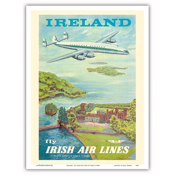 Ireland - Fly Irish Air Lines - Lockheed Martin Constellation “Connie” Aircraft - Vintage Airline Travel Poster by Terry c.1940s - Master Art Print (Unframed) 9in x 12in