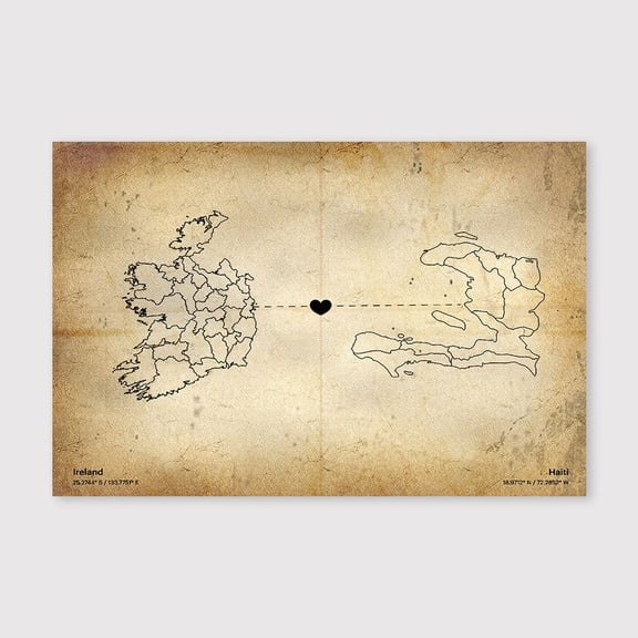 Ireland Haiti Connection Map Canvas Wall Art 8x12 inch -Ireland Haiti Connection Map Rustic Canvas Wall Decor with Old World Vintage Style for Home Office