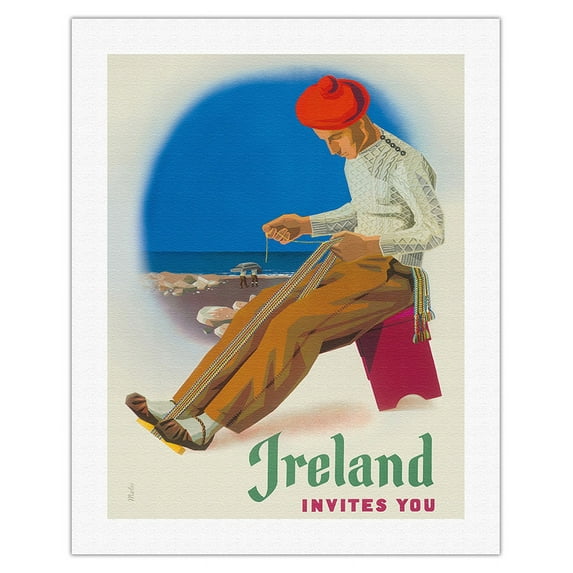 Ireland Invites You - Irishman Weaving Crios Cord Belt - Vintage Travel Poster by Guus Melai c.1955 - Fine Art Rolled Canvas Print 20in x 26in