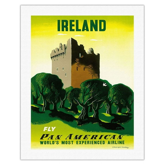 Ireland - Irish Castle - Vintage Airline Travel Poster by Edward McKnight Kauffer c.1953 - Fine Art Rolled Canvas Print 20in x 26in