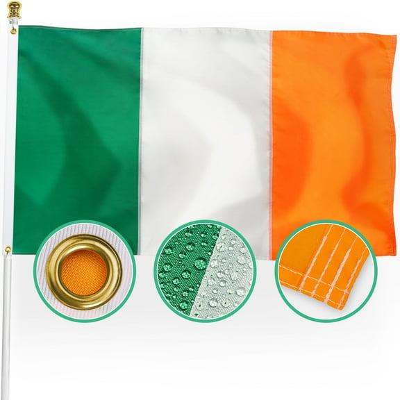 Ireland Irish Flag 3x5 Outdoor, 210D Nylon Ireland National Country Flag with Sewn Stripes/4 Stitch Hemming/Brass Grommets
