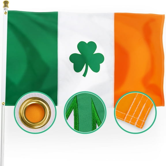 Ireland Irish Shamrock Flag 3x5 Outdoor, Double Sided Embroidered Shamrock, 210D Nylon Saint Patrick's Day Clover Flags