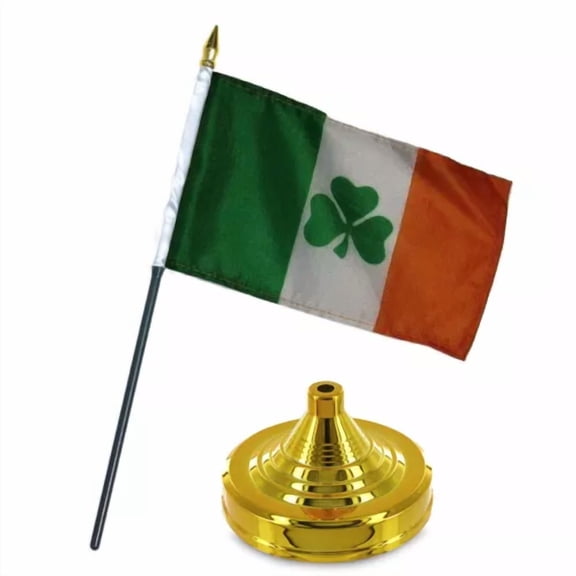Ireland Irish Shamrock Flag 4"X6" Desk Set Table Stick Gold Base