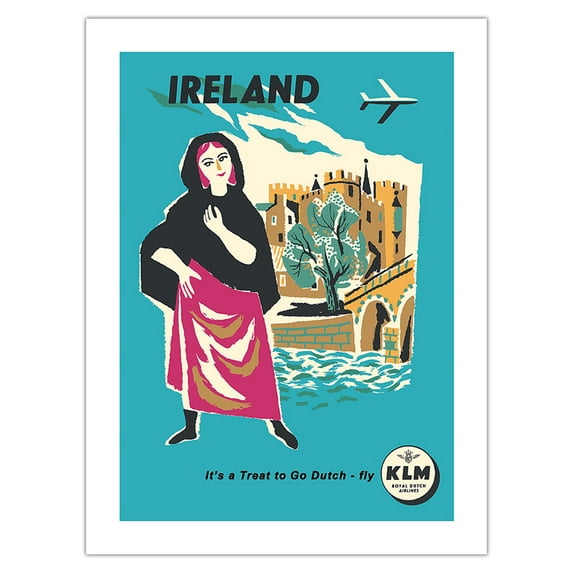 Ireland - KLM Royal Dutch Airlines - Vintage Airline Travel Poster c.1959 - Bamboo Fine Art 290gsm Paper Print (Unframed) 24x32in