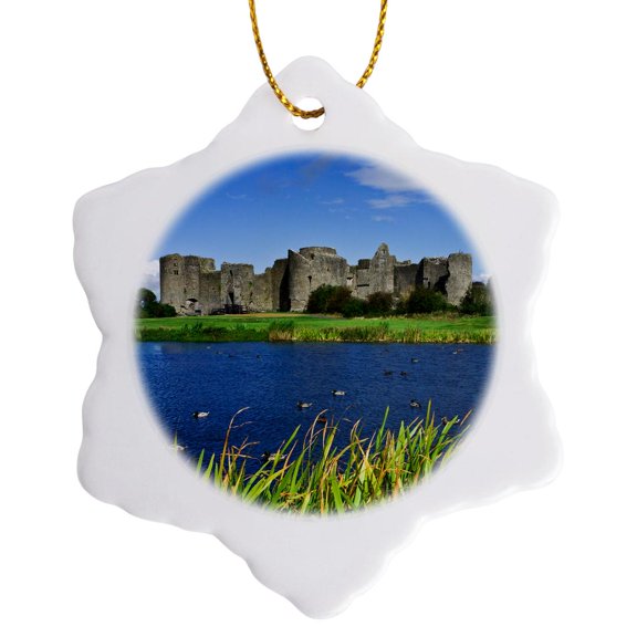 3drose, Ireland. Landscape with Roscommon Castle., 3 inch Snowflake Porcelain Ornament