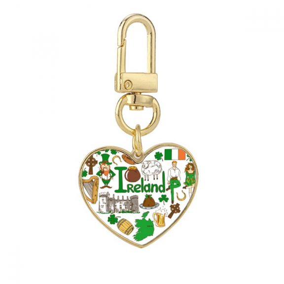 Ireland Love Heart Landscap National Flag Gold Heart Keychain Metal Keyring Holder