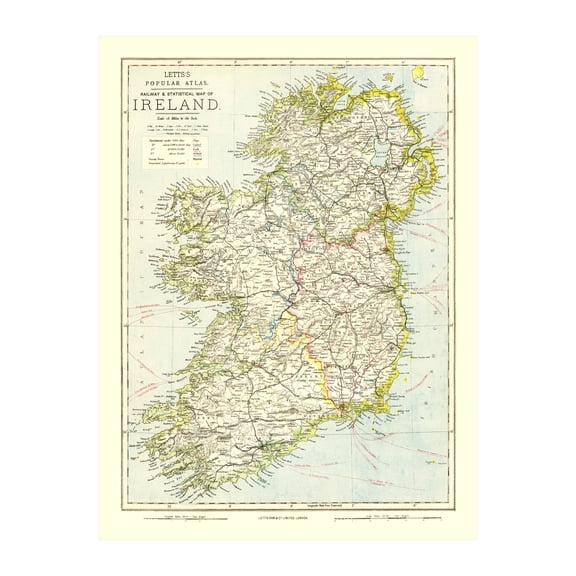 Ireland Map, 1883 Vintage Map of Ireland History Wall Decor Gift, Old Ireland Map - 18" x 24" Unframed Print