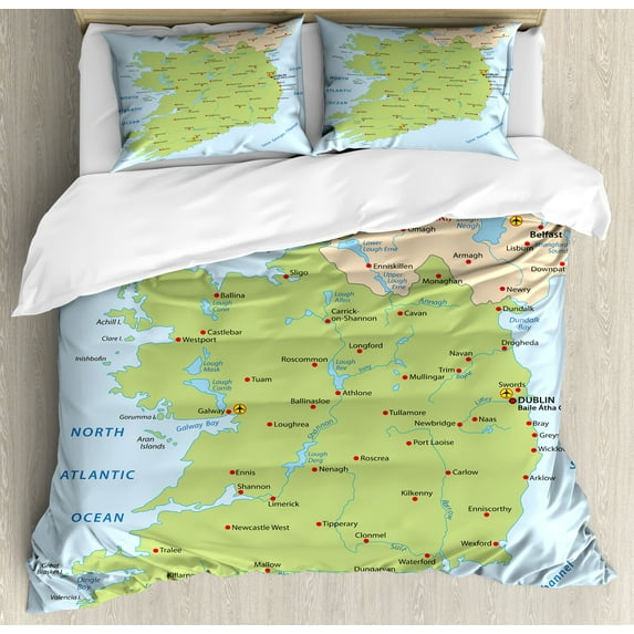 Ireland Map Duvet Cover Set, Demonstration of Irish Region European Travel Guide Elements, Decorative 3 Piece Bedding Set with 2 Pillow Shams, Queen Size, Pale Blue and Multicolor, by Ambesonne