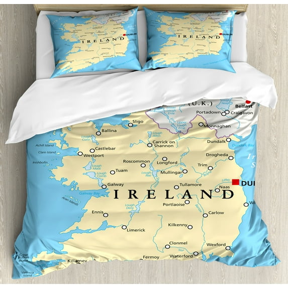 Ireland Map Duvet Cover Set, High-Detailed Mapping Political Geographical Cities Rivers, Decorative 3 Piece Bedding Set with 2 Pillow Shams, Queen Size, Deep Sky Blue Multicolor, by Ambesonne
