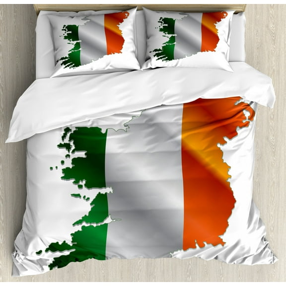Ireland Map Duvet Cover Set King Size, Modern National Flag Colors on Mapping Illustration Irish Pride, Decorative 3 Piece Bedding Set with 2 Pillow Shams, White and Multicolor, by Ambesonne