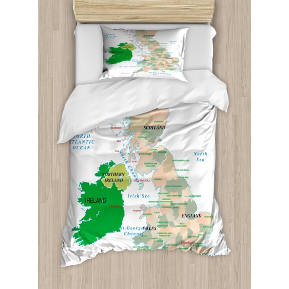 Ireland Map Duvet Cover Set Twin Size, Info-Graphics with Names of Countries and Seas Indicated English Channel, Decorative 2 Piece Bedding Set with 1 Pillow Sham, White Multicolor, by Ambesonne