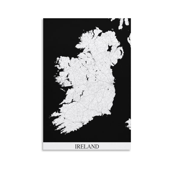 Ireland Map Poster Black And White Art Print Wall Art Poster Scroll Canvas Painting Picture Living Room Decor Home 12x18inch(30x45cm)