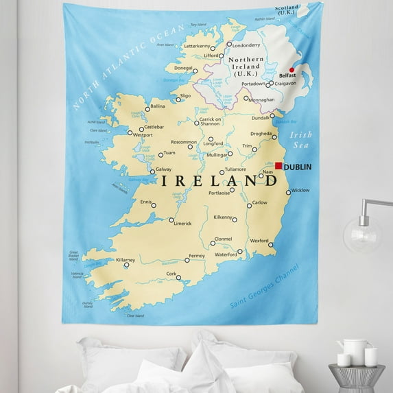 Ireland Map Tapestry, High-Detailed Mapping Political Geographical Cities Rivers, Fabric Wall Hanging Decor for Bedroom Living Room Dorm, 5 Sizes, Deep Sky Blue Multicolor, by Ambesonne