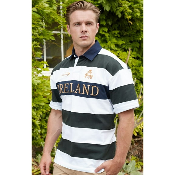 Ireland Men's Rugby Shirt 100% Cotton Short Sleeve Bottle Green & White Stripe by Lansdowne Sports Official Collection