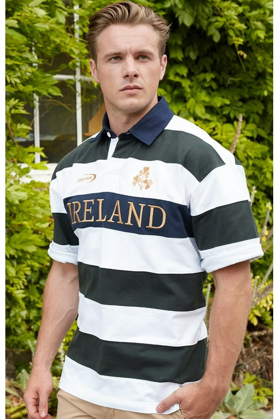 Ireland Men's Rugby Shirt 100% Cotton Short Sleeve Bottle Green & White Stripe by Lansdowne Sports Official Collection