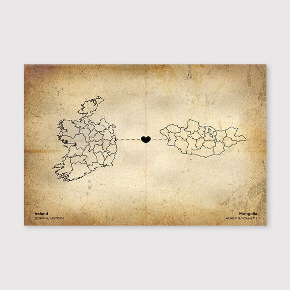 Ireland Mongolia Connection Map Canvas Wall Art 8x12 inch -Ireland Mongolia Connection Map Distressed Vintage Canvas Decor for Farmhouse Wall Decoration