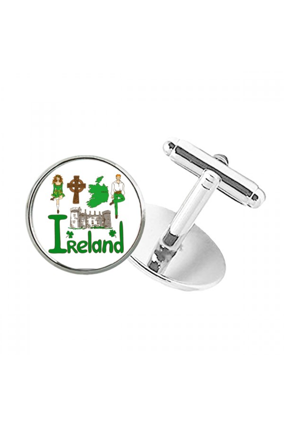 Ireland National symbol Landmark Pattern Round Button Cuff Clip Stud Cufflinks