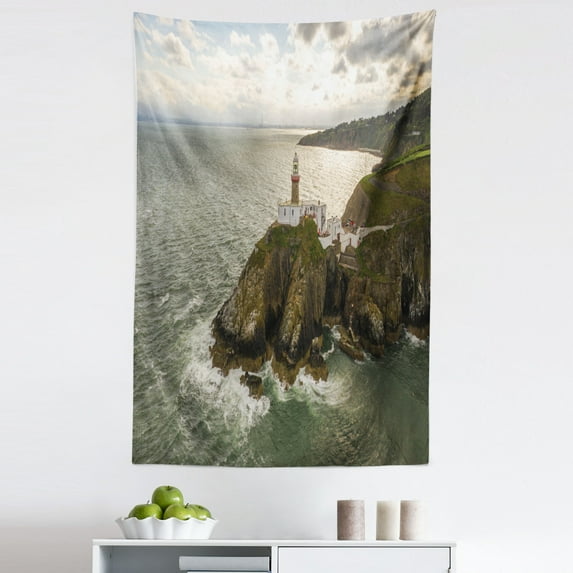 Ireland Tapestry, Baily Lighthouse Country Shore Island Winter Season Natural Landscape Artwork, Fabric Wall Hanging Decor for Bedroom Living Room Dorm, 5 Sizes, Multicolor, by Ambesonne