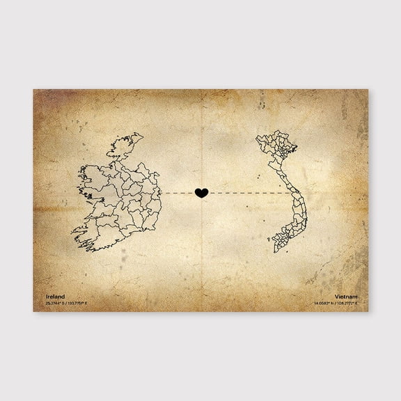 Ireland Vietnam Map Canvas Wall Art 8x12 inch -Ireland Vietnam Map Vintage Rustic Canvas Print for Office Wall Decor and Workspace