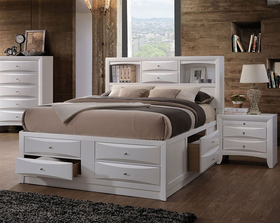 Ireland Wood Bed Frame with Storage Drawers and Headboard Shelf, Bed