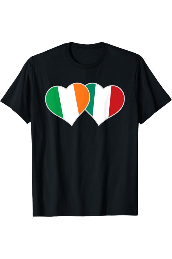 Ireland and Italy Flag Hearts T-Shirt Irish Italian Heritage Pride Unisex Graphic Tee Retro Vintage Style Apparel for Men and Women