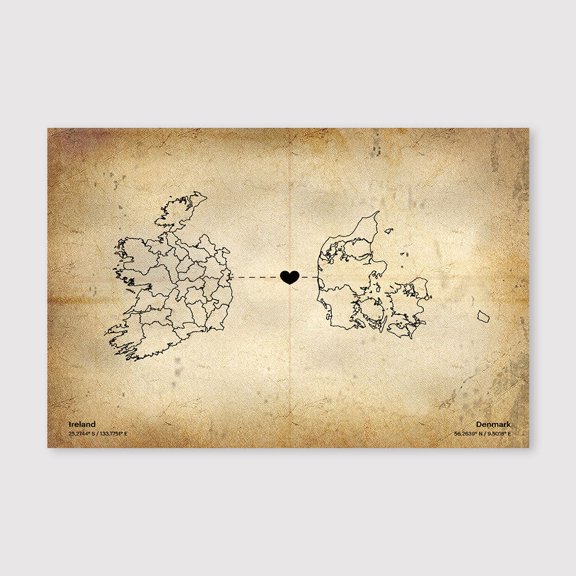 Ireland to Denmark Map Canvas Wall Art 8x12 inch -Ireland to Denmark Map Rustic Wall Canvas Decor with Neutral Old World Aesthetic
