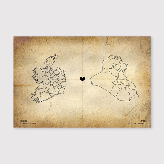 Ireland to Iraq Map Canvas Wall Art 8x12 inch -Ireland to Iraq Map Rustic Antique Style Canvas Artwork for Office and Study Decor